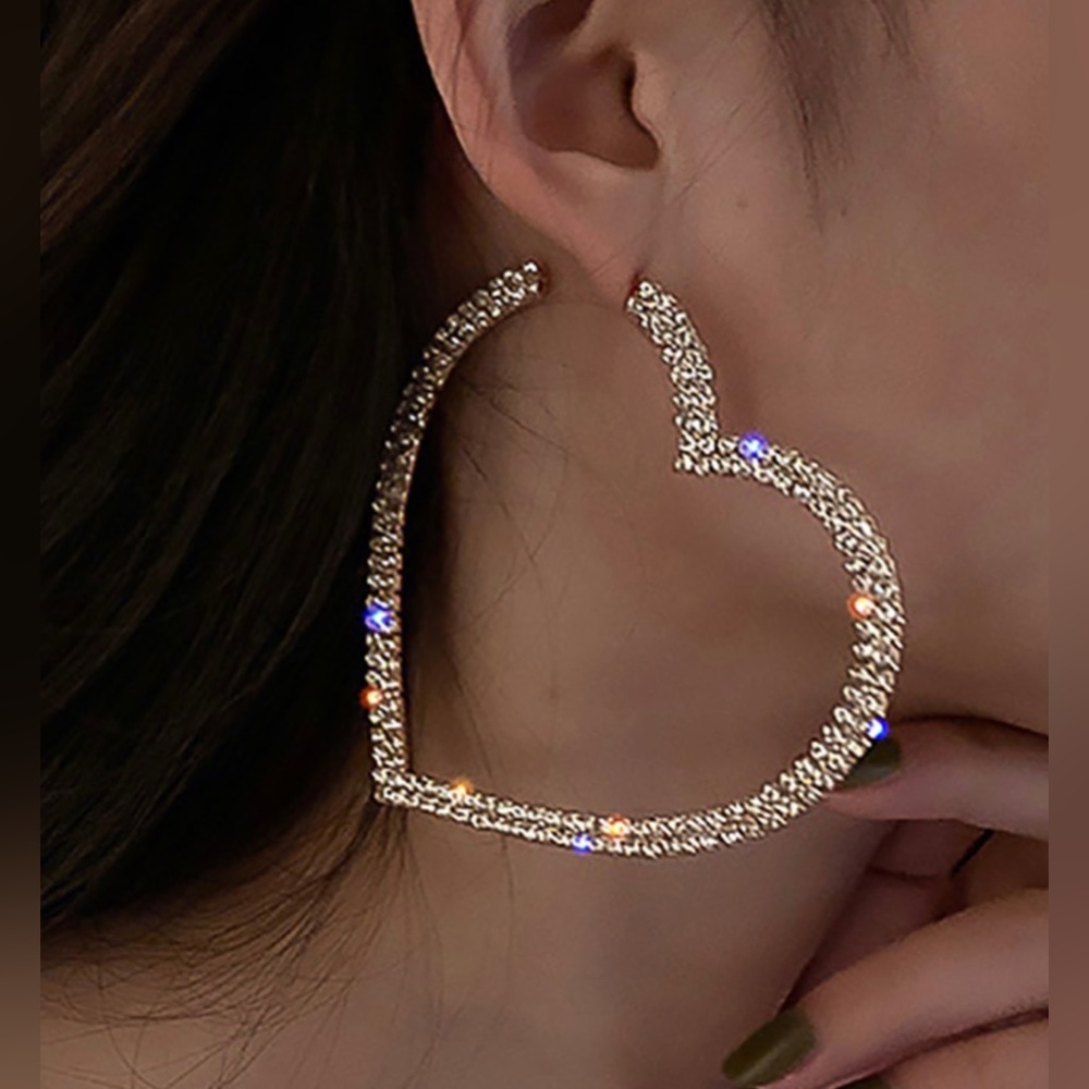 New Big Heart Rhinestone Hoop Earrings